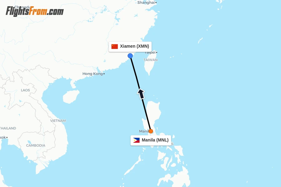 Flights from Manila to Xiamen route map