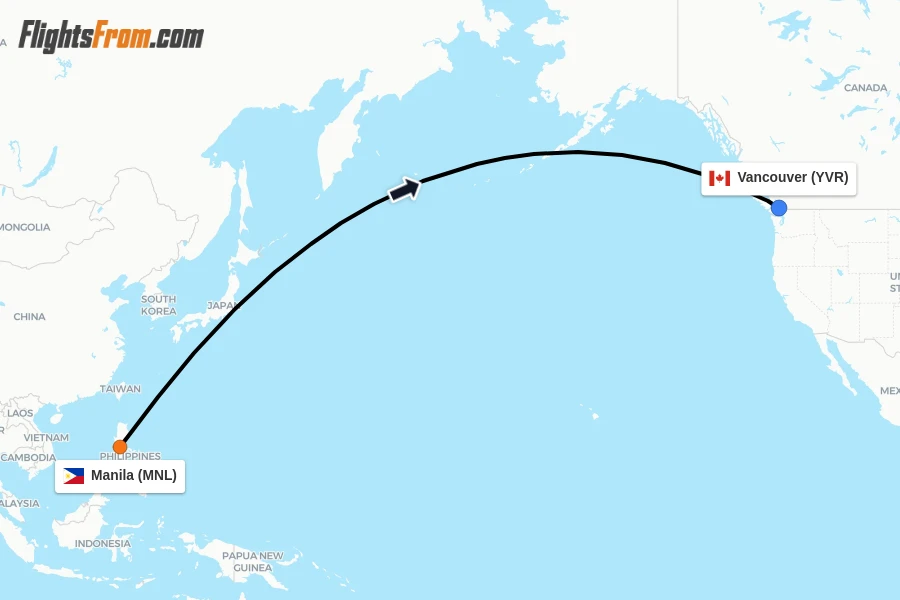 Flights from Manila to Vancouver route map