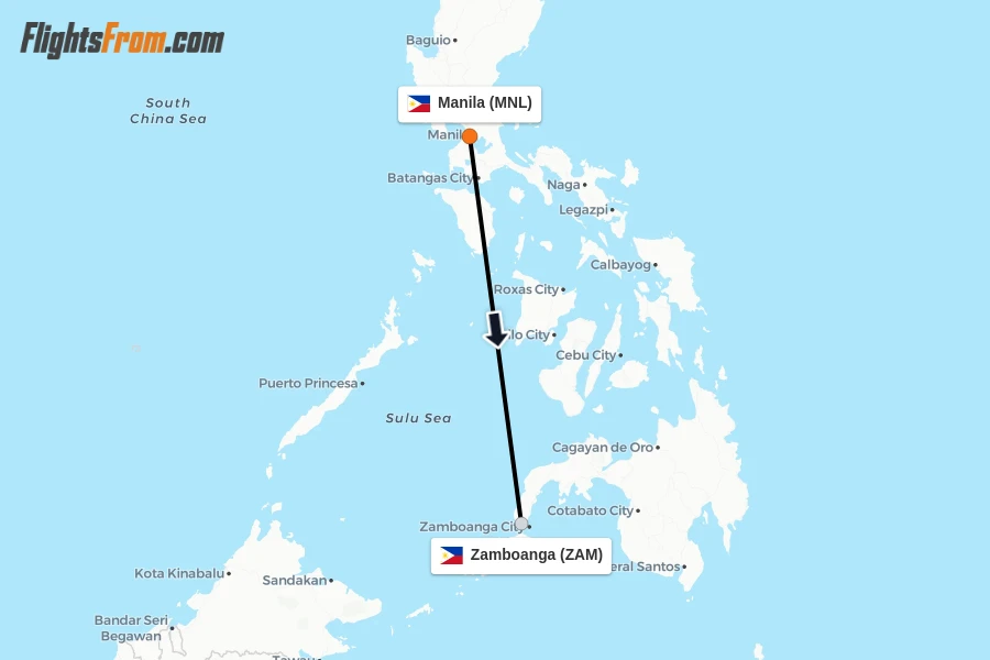 Flights from Manila to Zamboanga route map