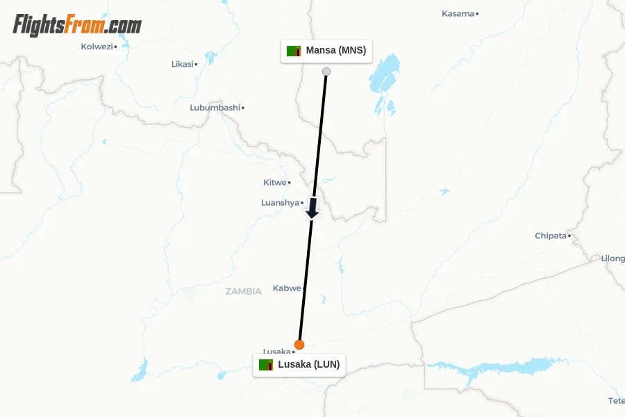 Flights from Mansa to Lusaka route map