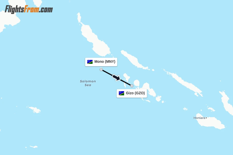 Flights from Mono to Gizo route map