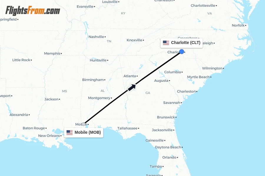 Flights from Mobile to Charlotte route map