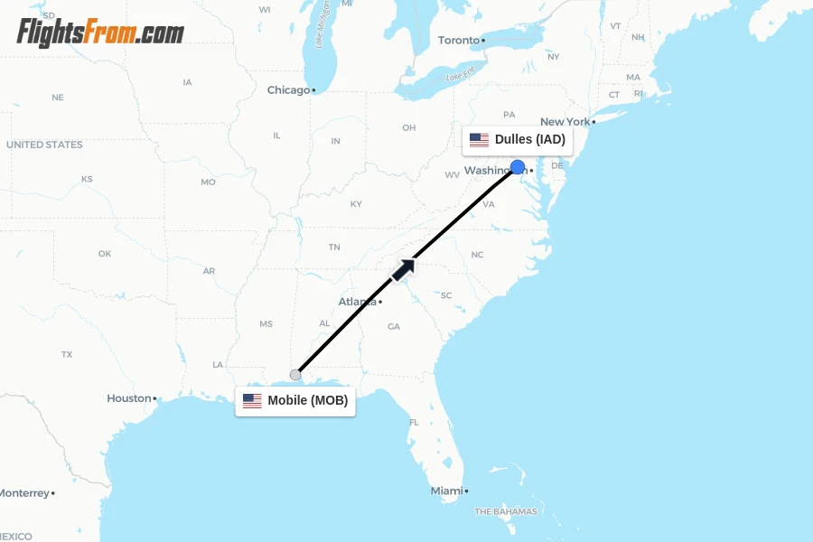 Flights from Mobile to Dulles route map
