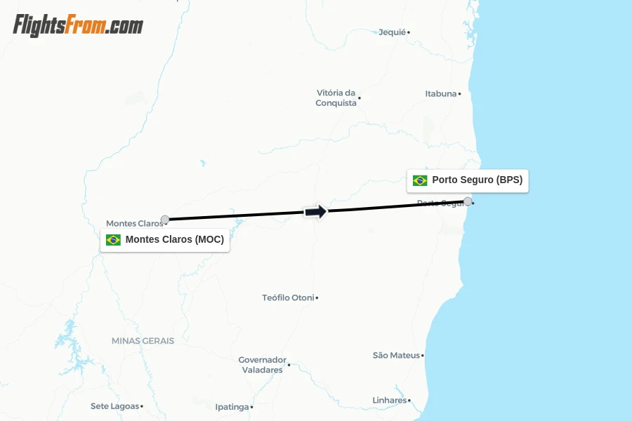 Flights from Montes Claros to Porto Seguro route map