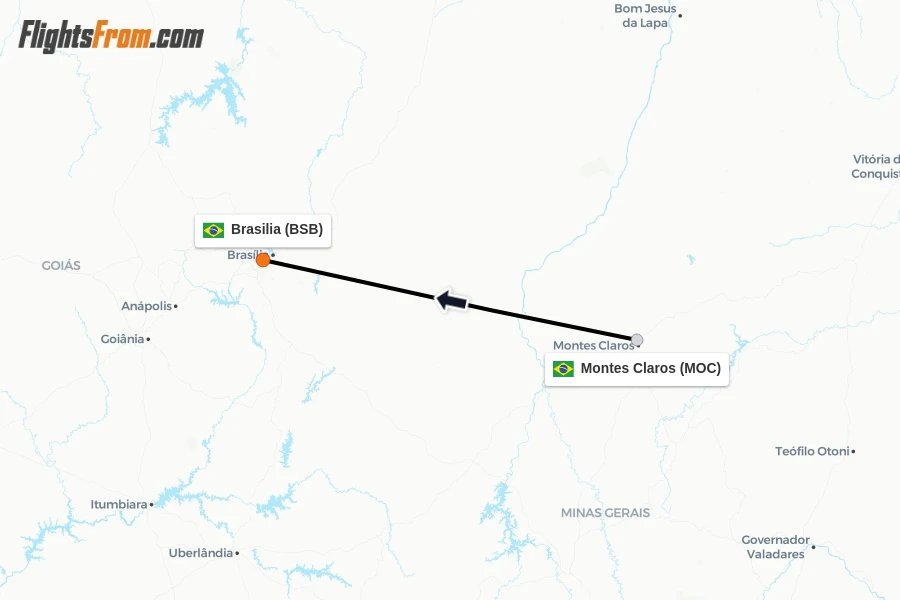 Flights from Montes Claros to Brasilia route map