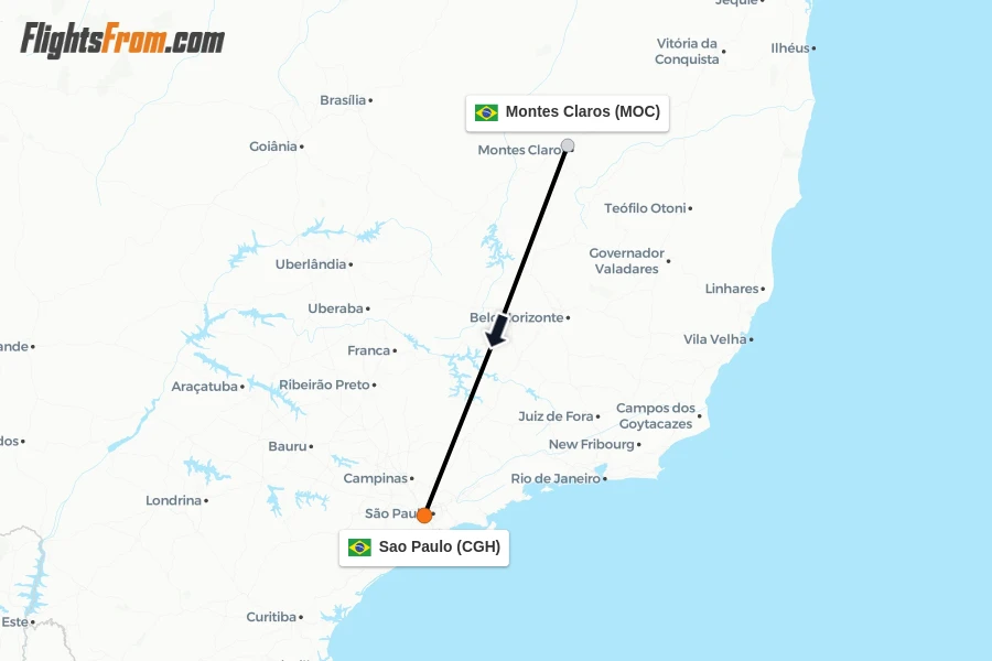 Flights from Montes Claros to Sao Paulo route map