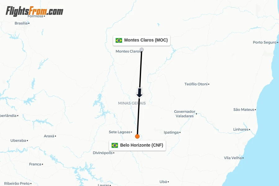 Flights from Montes Claros to Belo Horizonte route map