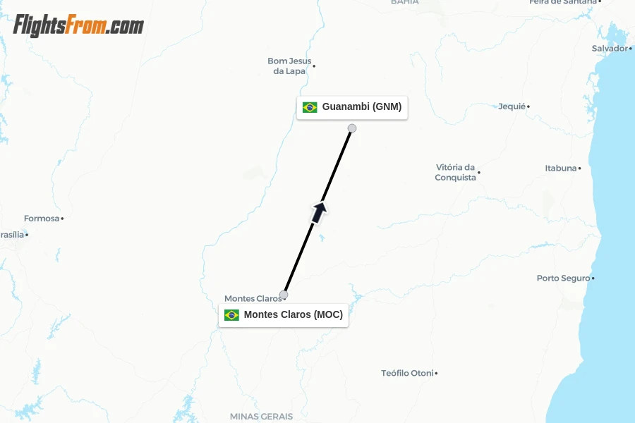 Flights from Montes Claros to Guanambi route map