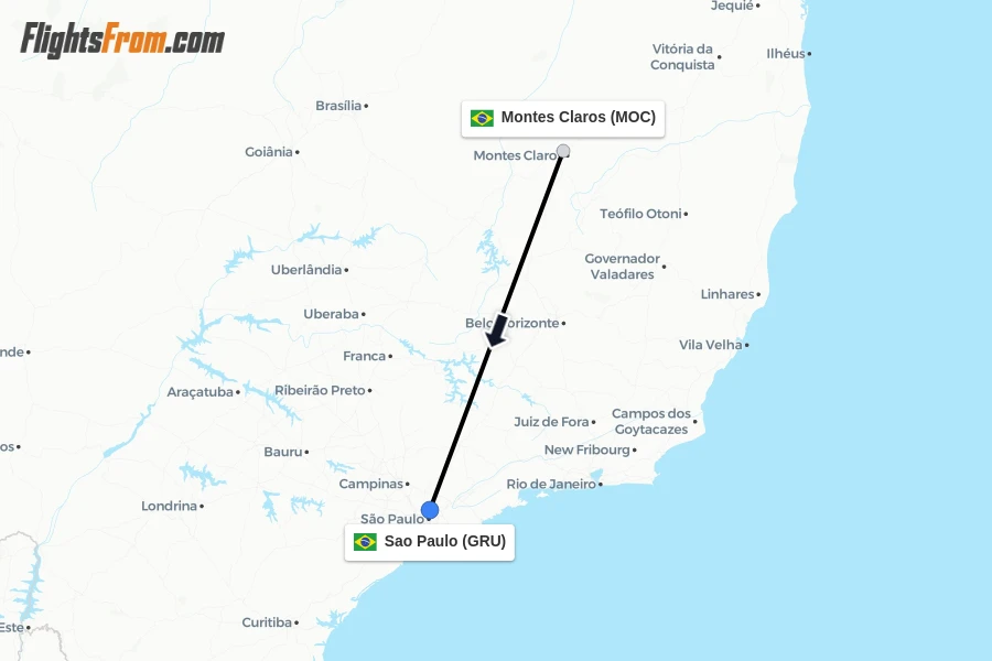 Flights from Montes Claros to Sao Paulo route map
