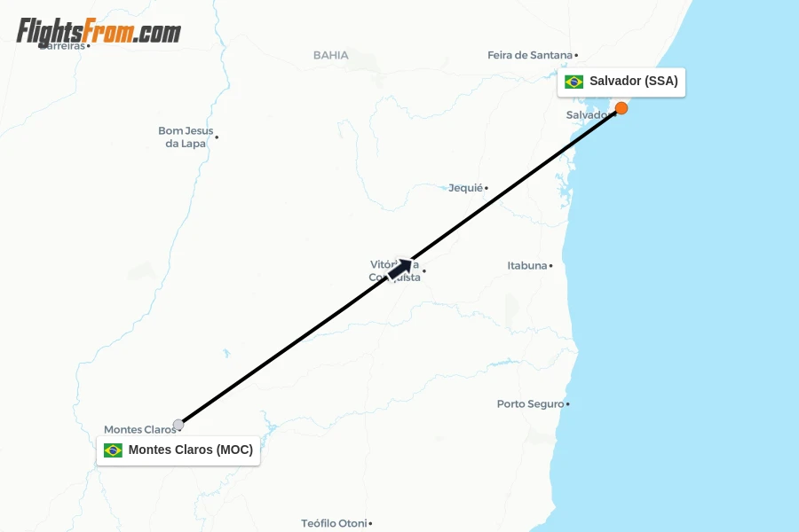 Flights from Montes Claros to Salvador route map