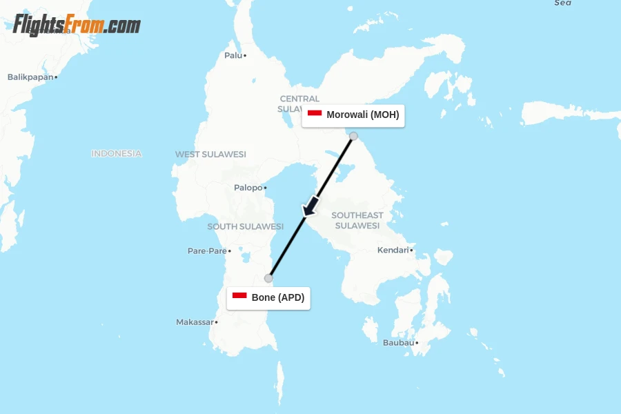 Flights from Morowali to Bone route map