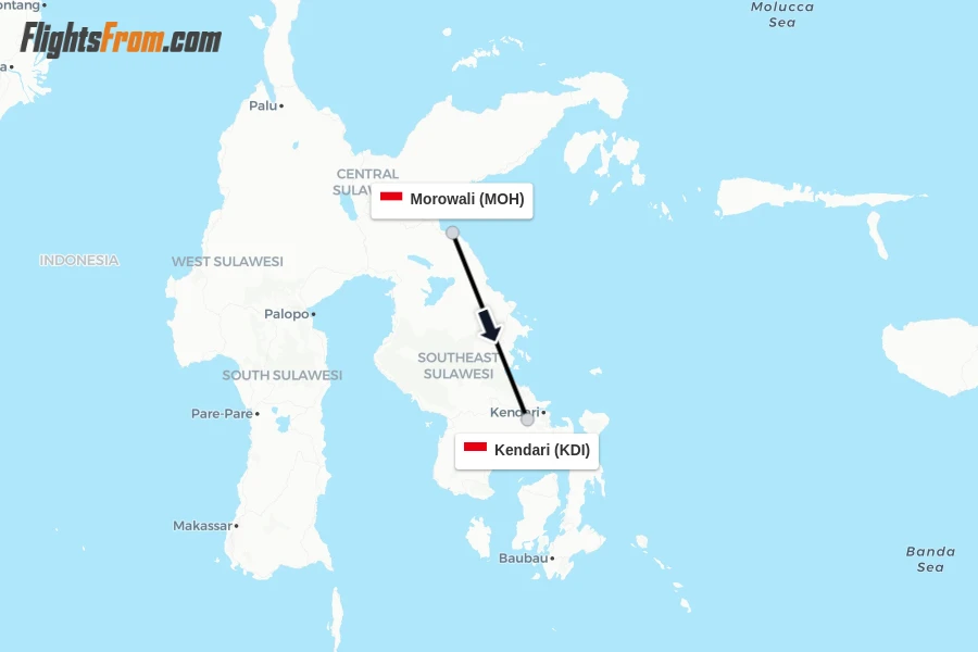 Flights from Morowali to Kendari route map