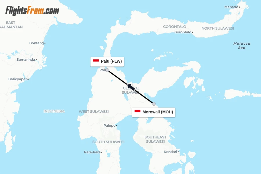 Flights from Morowali to Palu route map