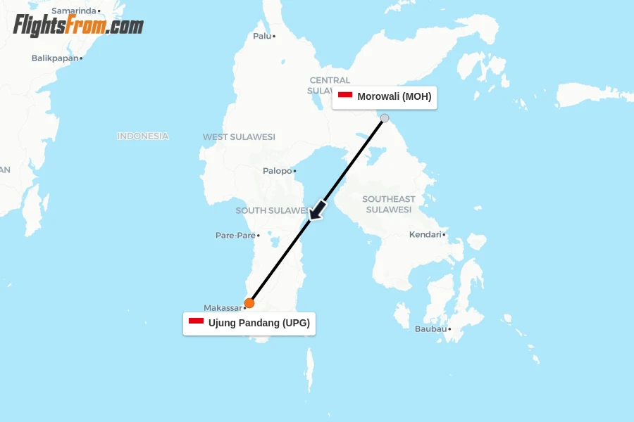 Flights from Morowali to Ujung Pandang route map