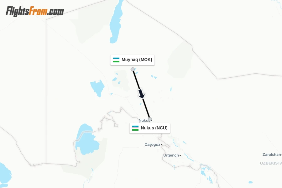 Flights from Muynaq to Nukus route map