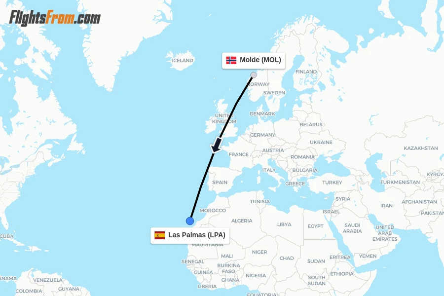 Flights from Molde to Las Palmas route map