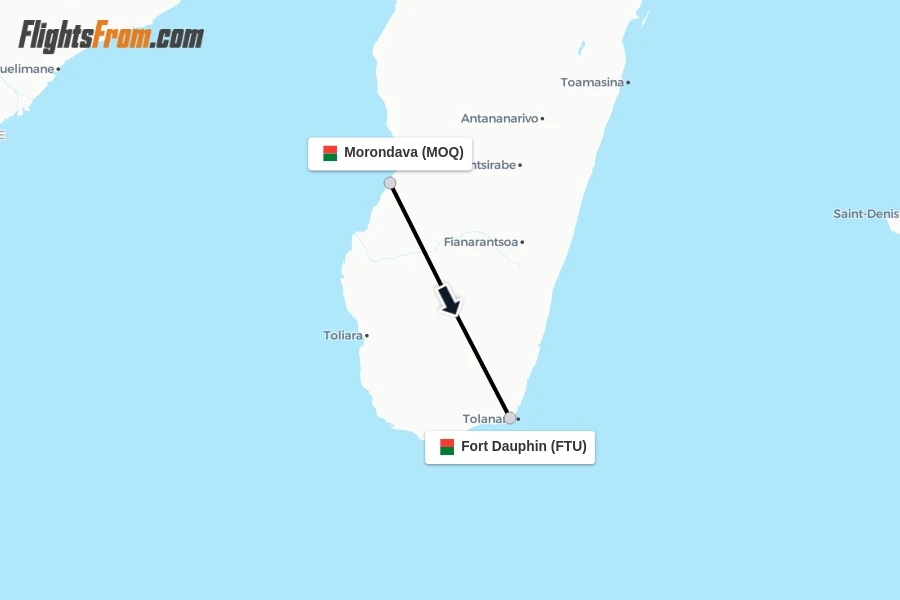 Flights from Morondava to Fort Dauphin route map