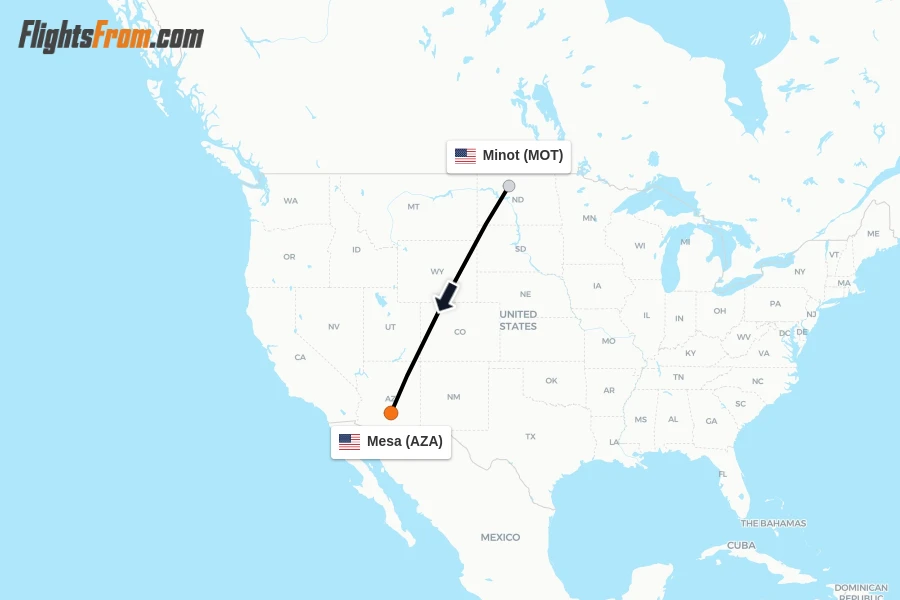 Flights from Minot to Mesa route map
