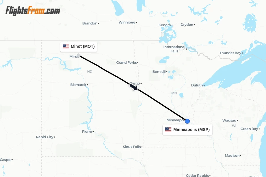 Flights from Minot to Minneapolis route map