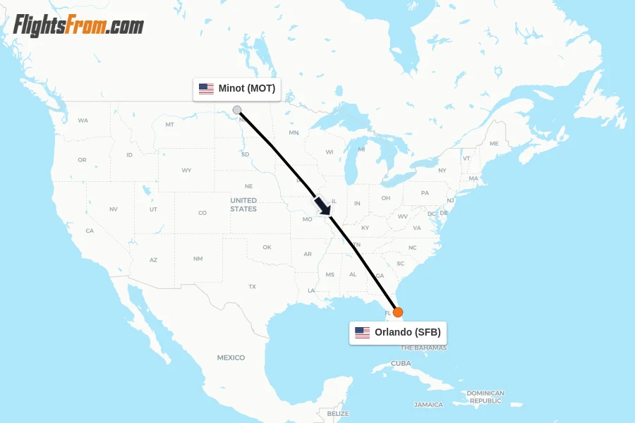 Flights from Minot to Orlando route map
