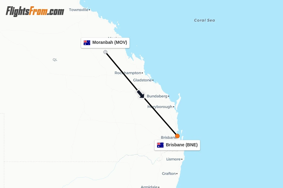Flights from Moranbah to Brisbane route map