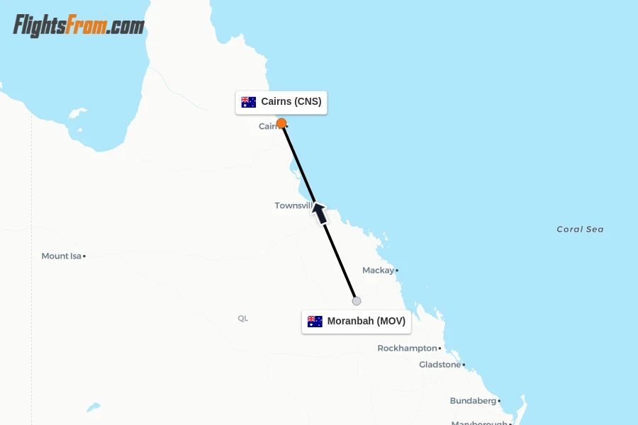 Flights from Moranbah to Cairns route map