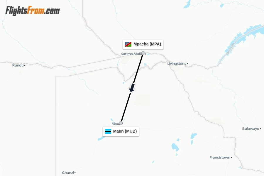 Flights from Mpacha to Maun route map