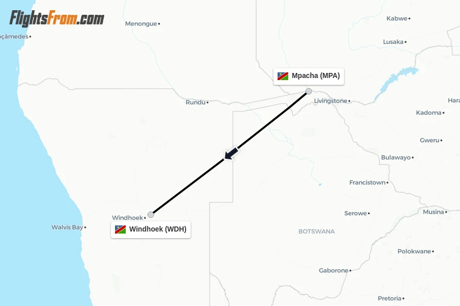 Flights from Mpacha to Windhoek route map