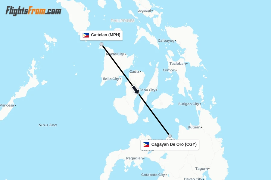 Flights from Caticlan to Cagayan De Oro route map