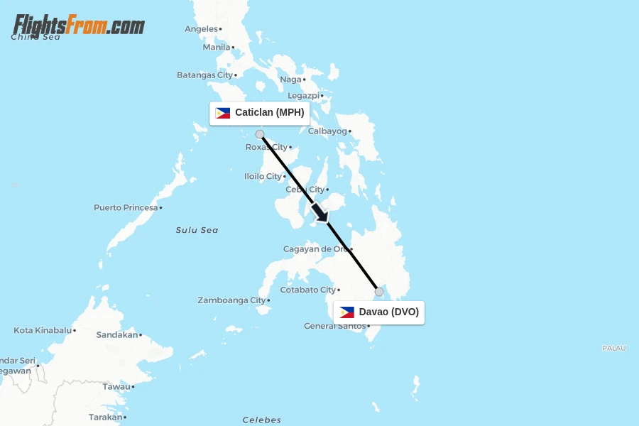 Flights from Caticlan to Davao route map
