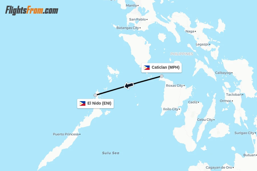 Flights from Caticlan to El Nido route map