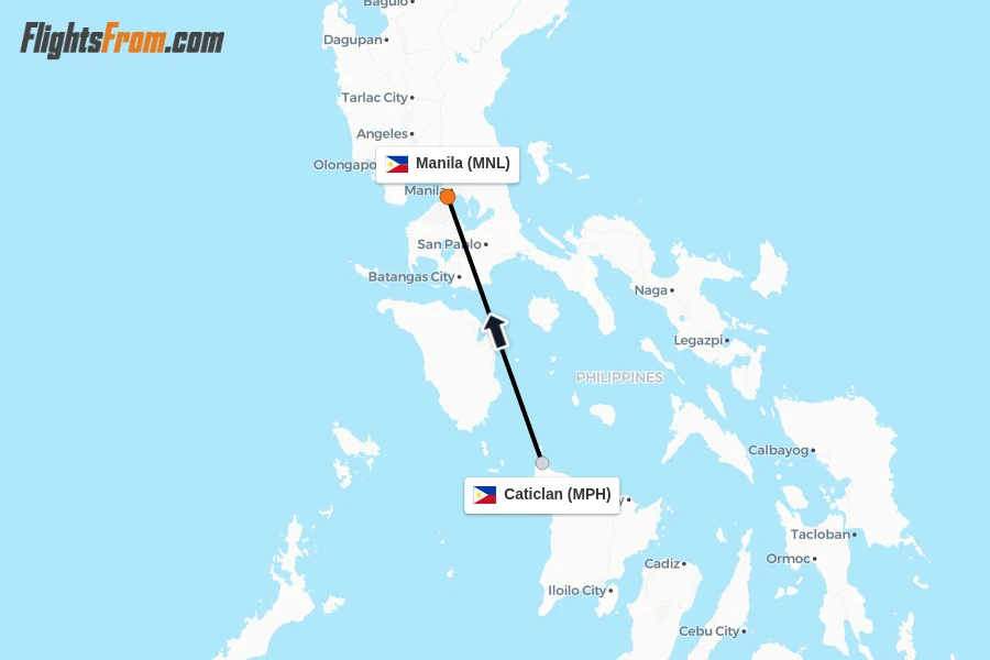 Flights from Caticlan to Manila route map