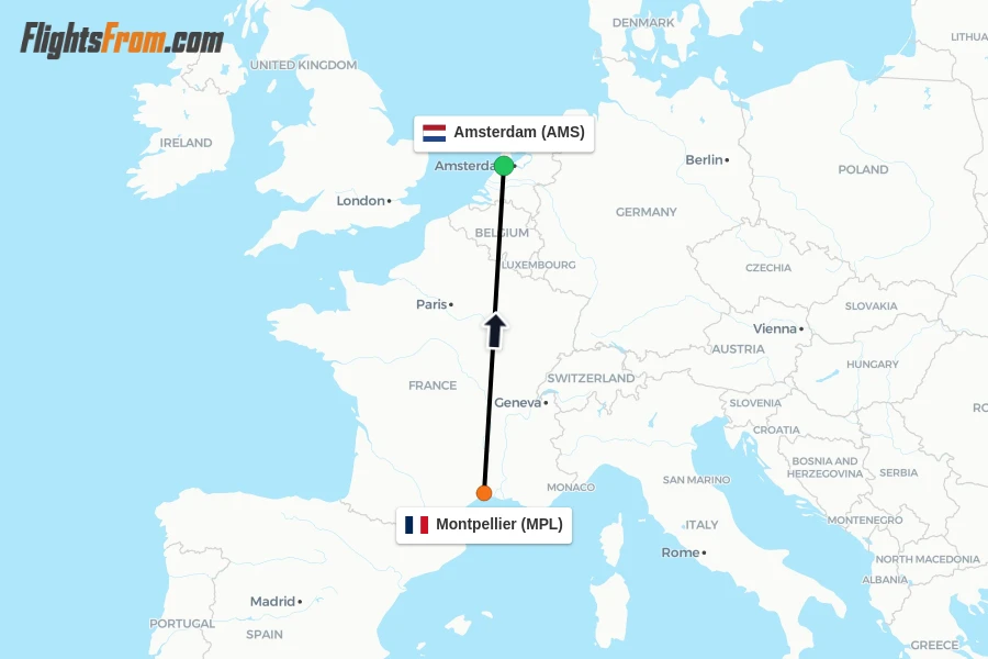Flights from Montpellier to Amsterdam route map
