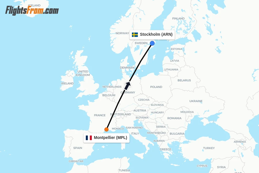 Flights from Montpellier to Stockholm route map