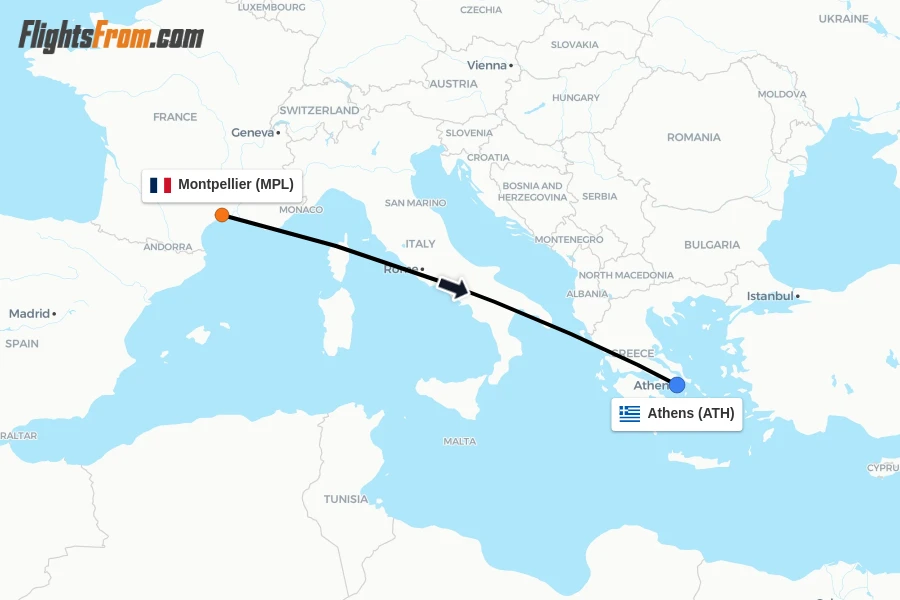 Flights from Montpellier to Athens route map