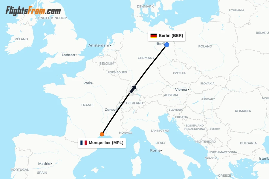 Flights from Montpellier to Berlin route map