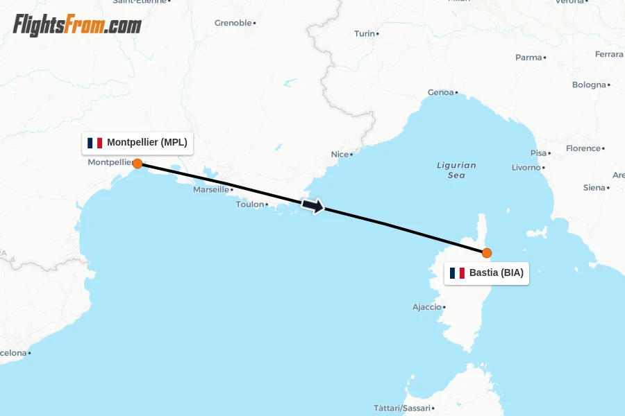 Flights from Montpellier to Bastia route map