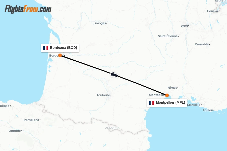 Flights from Montpellier to Bordeaux route map