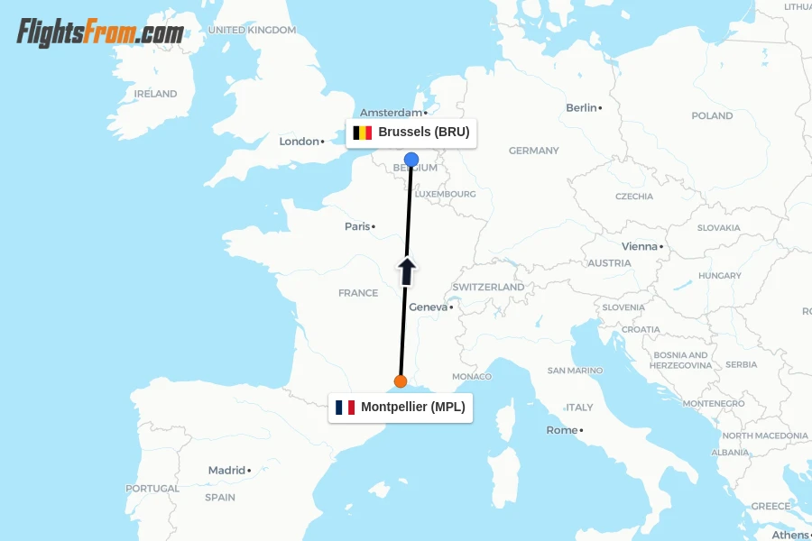 Flights from Montpellier to Brussels route map