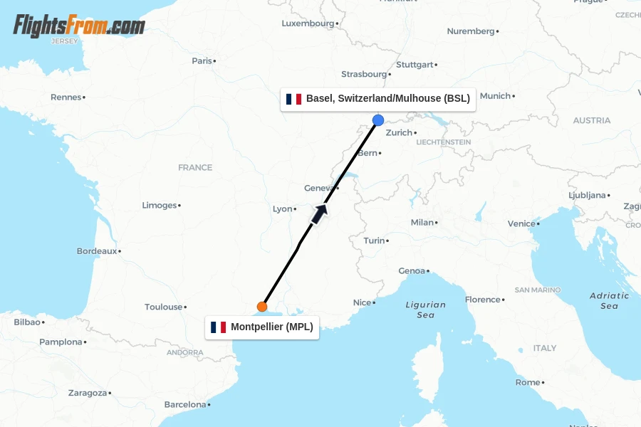 Flights from Montpellier to Basel, Switzerland/Mulhouse route map