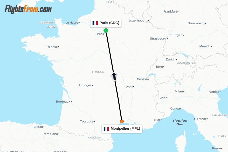 Flights from Montpellier to Paris route map
