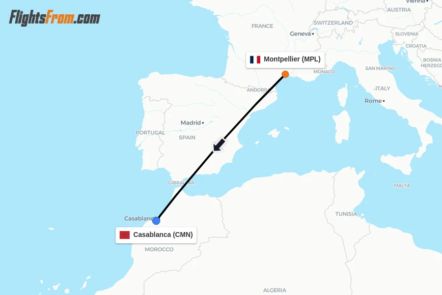 Flights from Montpellier to Casablanca route map