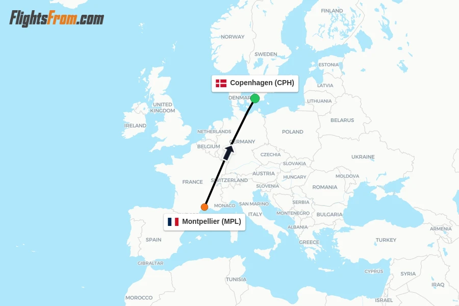 Flights from Montpellier to Copenhagen route map