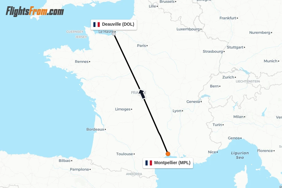 Flights from Montpellier to Deauville route map