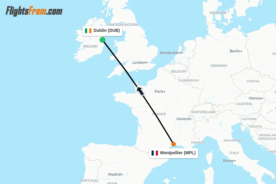 Flights from Montpellier to Dublin route map