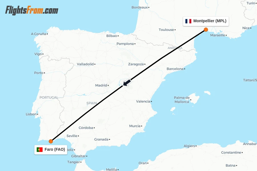 Flights from Montpellier to Faro route map