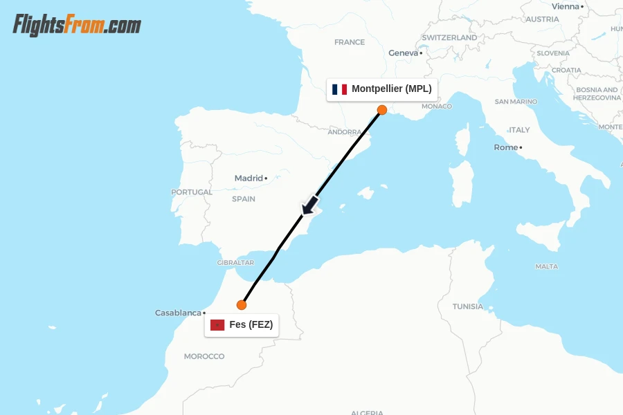 Flights from Montpellier to Fes route map