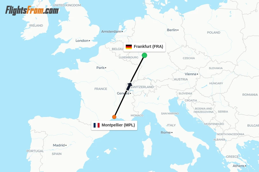 Flights from Montpellier to Frankfurt route map