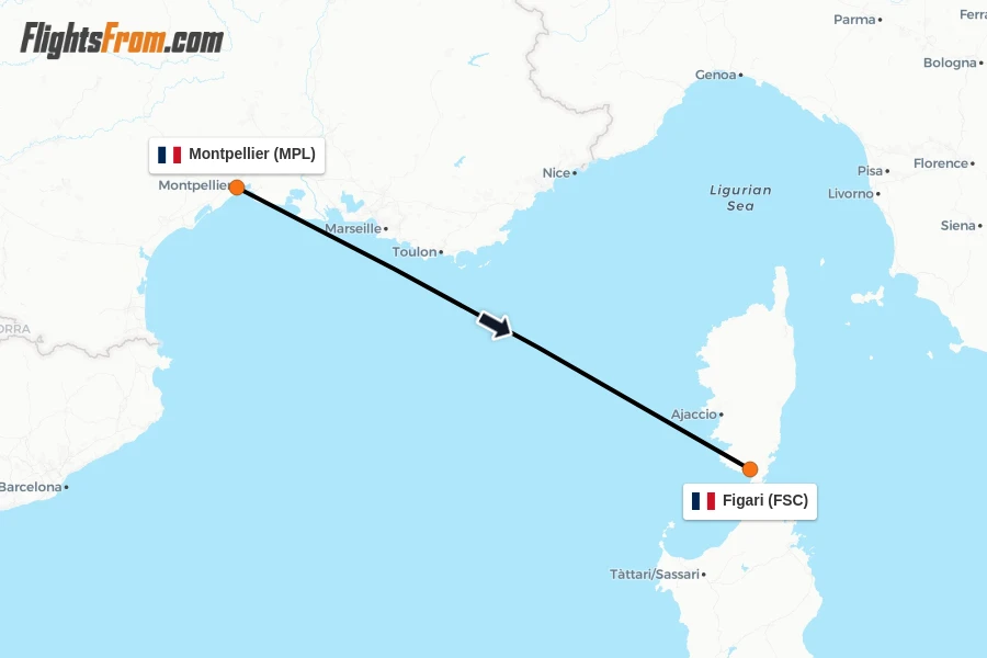 Flights from Montpellier to Figari route map