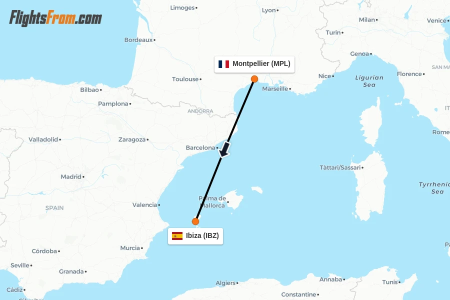 Flights from Montpellier to Ibiza route map